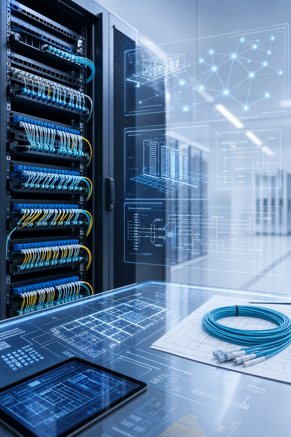 Data center with fiber optic infrastructure and network equipment